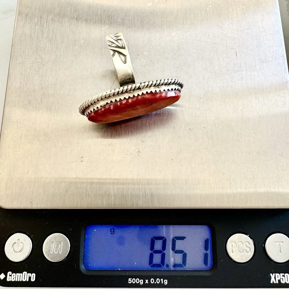 Navajo Orange Spiny Oyster Ring Sz 9 Flat Cab Sterling Signed‎ Selina Warner USA